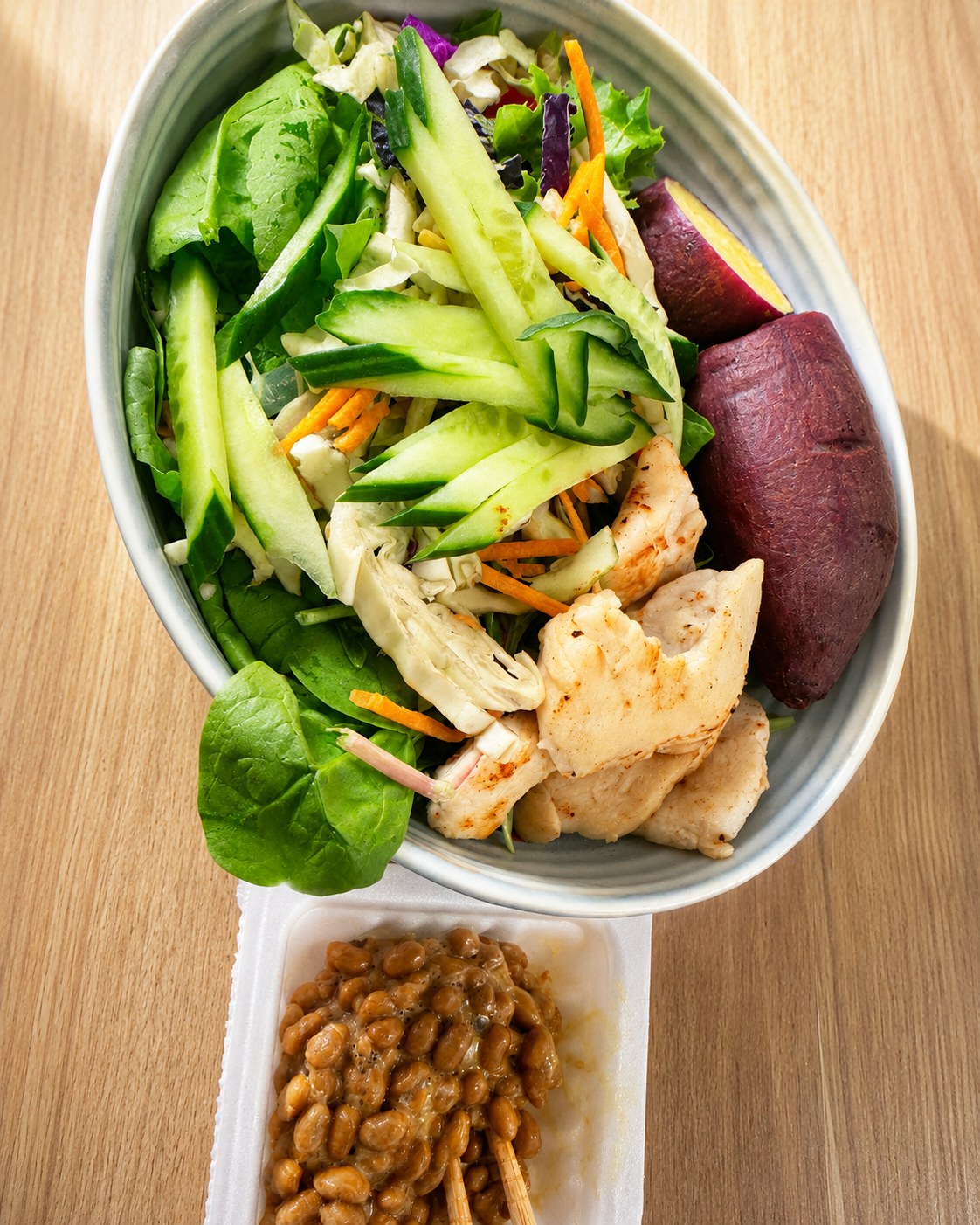 Chicken sweet potato salad and natto meal