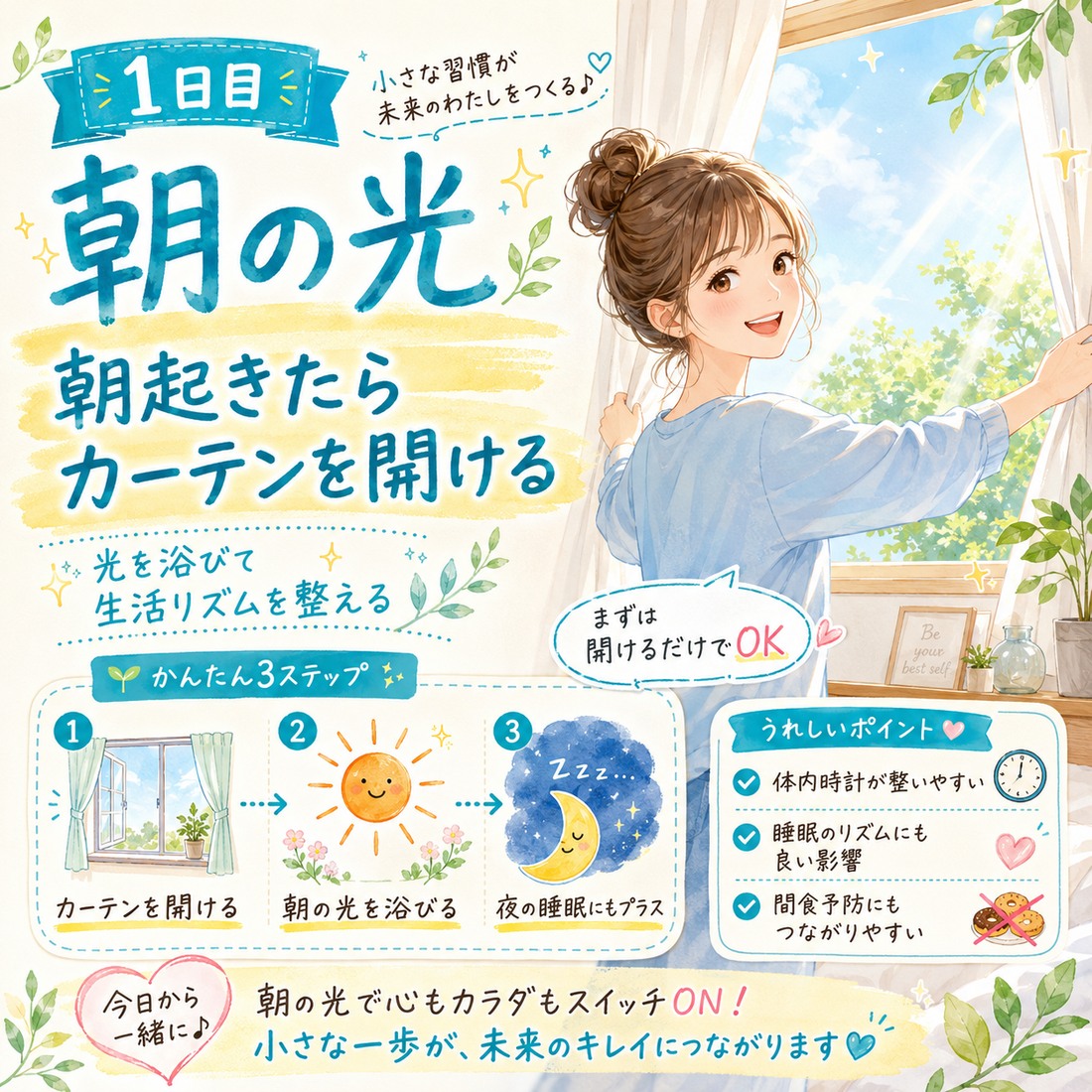 1日目 朝の光 朝起きたらカーテンを開ける